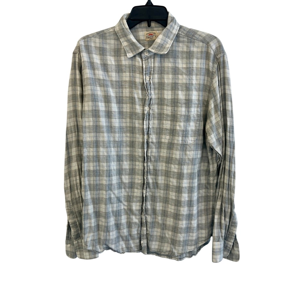Faherty Brand Mens Large Grey White Blue Plaid Long Sleeve Button Down Shirt L